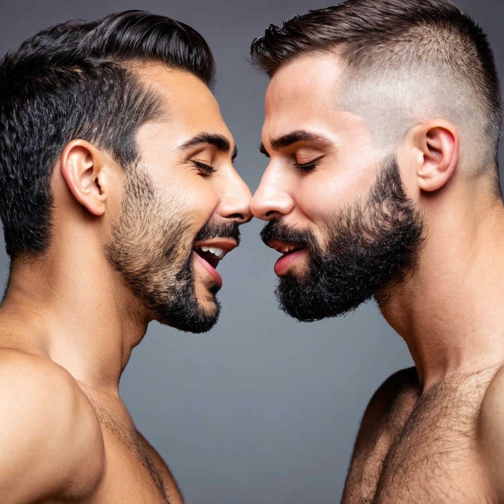 Two naked manly men holding each other's big cocks and they are kissing.