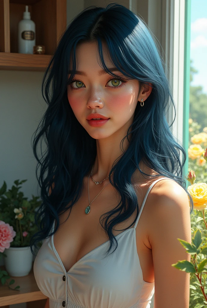 (best quality, ulra-detailed, realistic:1.37), suicidegirl, nsfw, garden, blue to green color transition, skin tight lingerie, seductive expression, tattoos, long flowing hair, natural sunlight, blurred background, sensual pose, subtle shadows, soft focus, provocative atmosphere, night time