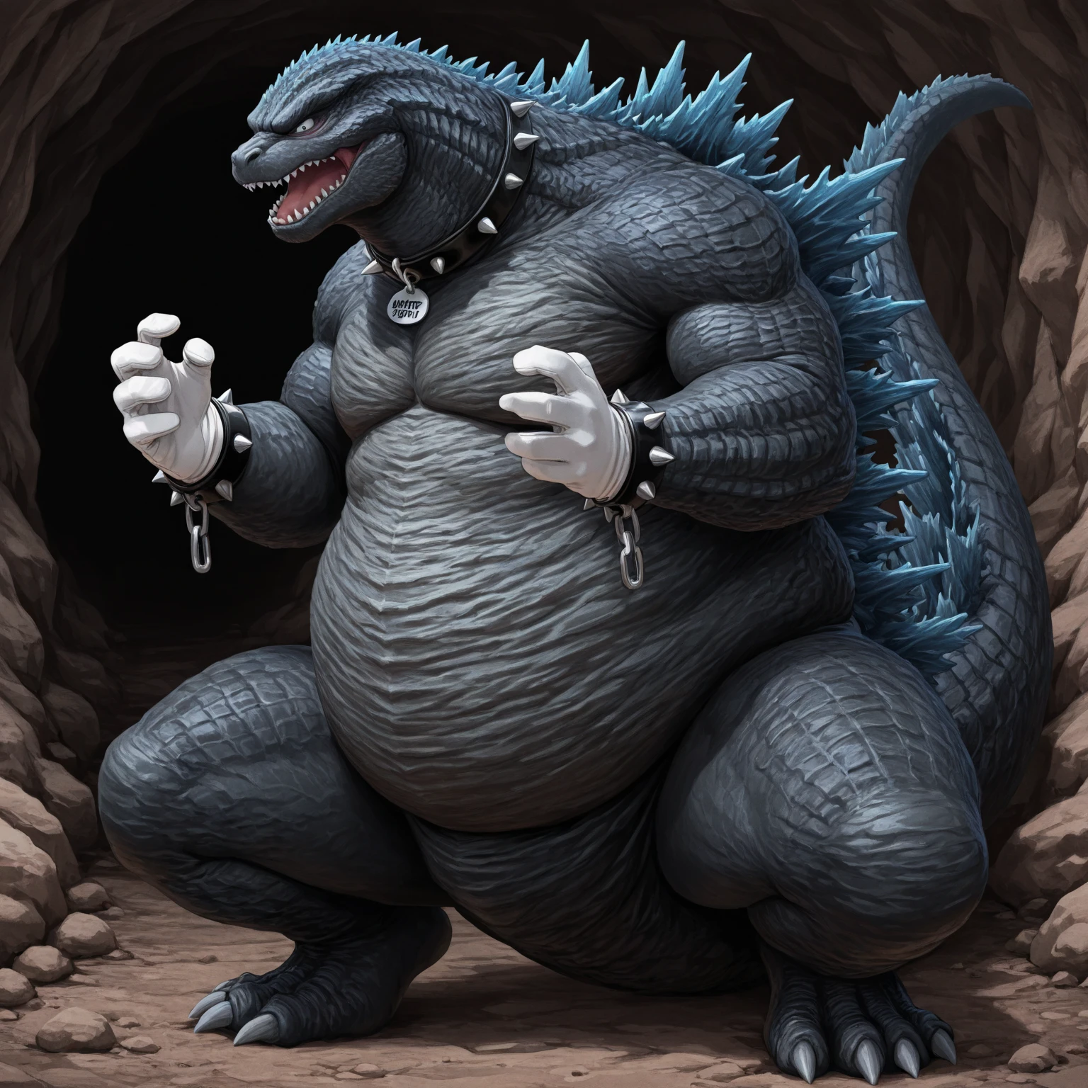 Naked fat squatting gentleman Godzilla wearing a glossy leather collar, wearing glossy white gloves on his hands, wearing white gloves on his feet, wearing spats on his feet, gloves on feet, large blue penis and large testicles, bulging belly, large belly,Godzilla is giant and ejaculating onto another Godzilla with his plasma shots from his penis. Godzilla is shooting blue plasma at another Godzilla. (high quality,4k,8k,highres,masterpiece:1.2),ultra-detailed,(realistic,photorealistic,photo-realistic:1.37), masterpiece,intricate details, captivating artwork, artistically rendered, masterful strokes, attention to detail, tasteful composition, alluring charm, careful shading, great attention to anatomy, meticulous rendering, impeccable craftsmanship, vivid colors, perfect balance between realism and fantasy, An extremely obese and naked Anthropomorphic steampunk Godzilla with a giant blue penis and giant testicles wearing nothing but a glossy leather dog collar around the neck and glossy white rubber gloves on his hands and feet with a glossy leather cock ring around the penis. Godzilla is naked and has blue eyes. Godzilla is having a major orgasm with lots of blue plasma coming out of the penis. The penis is thick and fleshy as well as wet and glossy with Godzilla rubbing his penis with his hands. The leather collar is glossy and extremely detailed. Godzilla is wearing a glossy leather collar and is smiling with an evil grin while rubbing his penis. Godzilla takes pride in his attire by wearing his leather collar and rubber gloves at the same time as his leather cock ring. Godzilla is showing off his power by laughing evily and ejaculating extreme amounts of blue plasma from his penis by rubbing it. Godzilla is showing his dominance by ejaculating plasma. Godzilla's white rubber gloves are glossy and shiny as well as his leather collar which is adorned with a shiny buckle on the collar. Godzilla is wearing his dapper leather collar and rubber gloves at the same time.