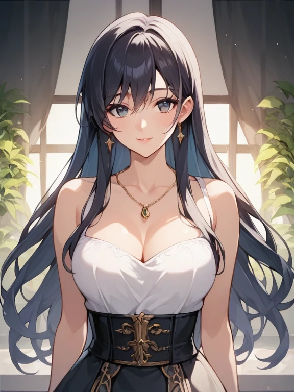 ((best quality)), ((masterpiece)), (detailed), perfect face, anime girl, black hair, golden eyes, big breasts, wearing a white gown, blushing face