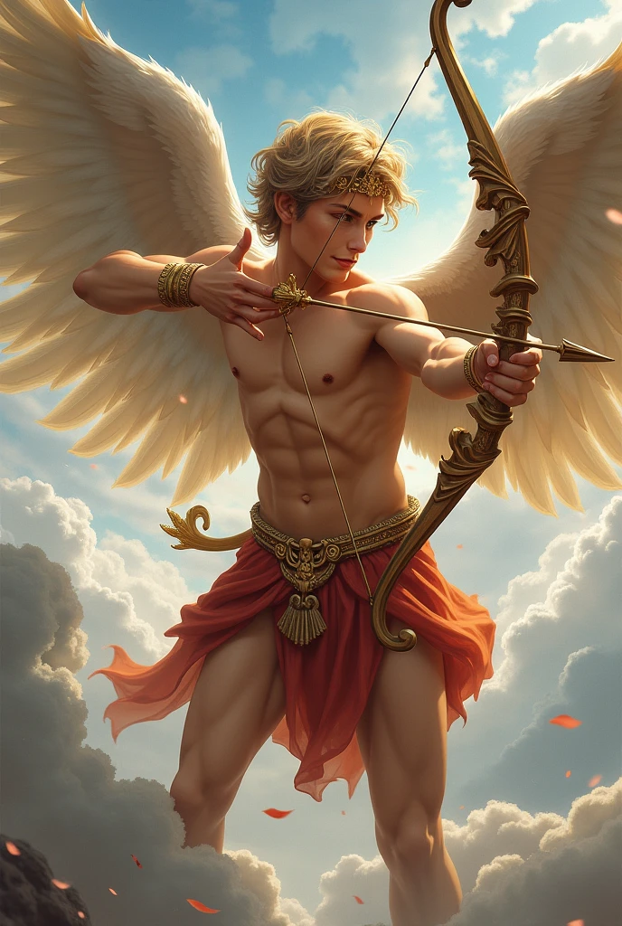 god eros, He is represented as a beautiful and graceful young man, symbolizing the irresistible force of love and attraction. Physically, Eros is generally portrayed as a slender and muscular young man, with a young and vigorous body, highlighting his connection with passion and the desire. Their hair is often described as wavy or curly, usually golden or brown in color, enhancing their charming appearance. He also possesses small, delicate wings, which make him appear light and agile, symbolizing the volatile and unpredictable nature of love. Eros is often shown holding a bow and arrows, which he uses to inspire love or desire in people, both gods and in mortals. In some representations, he may appear with a mischievous or playful countenance, reflecting the capricious character of the love he personifies.