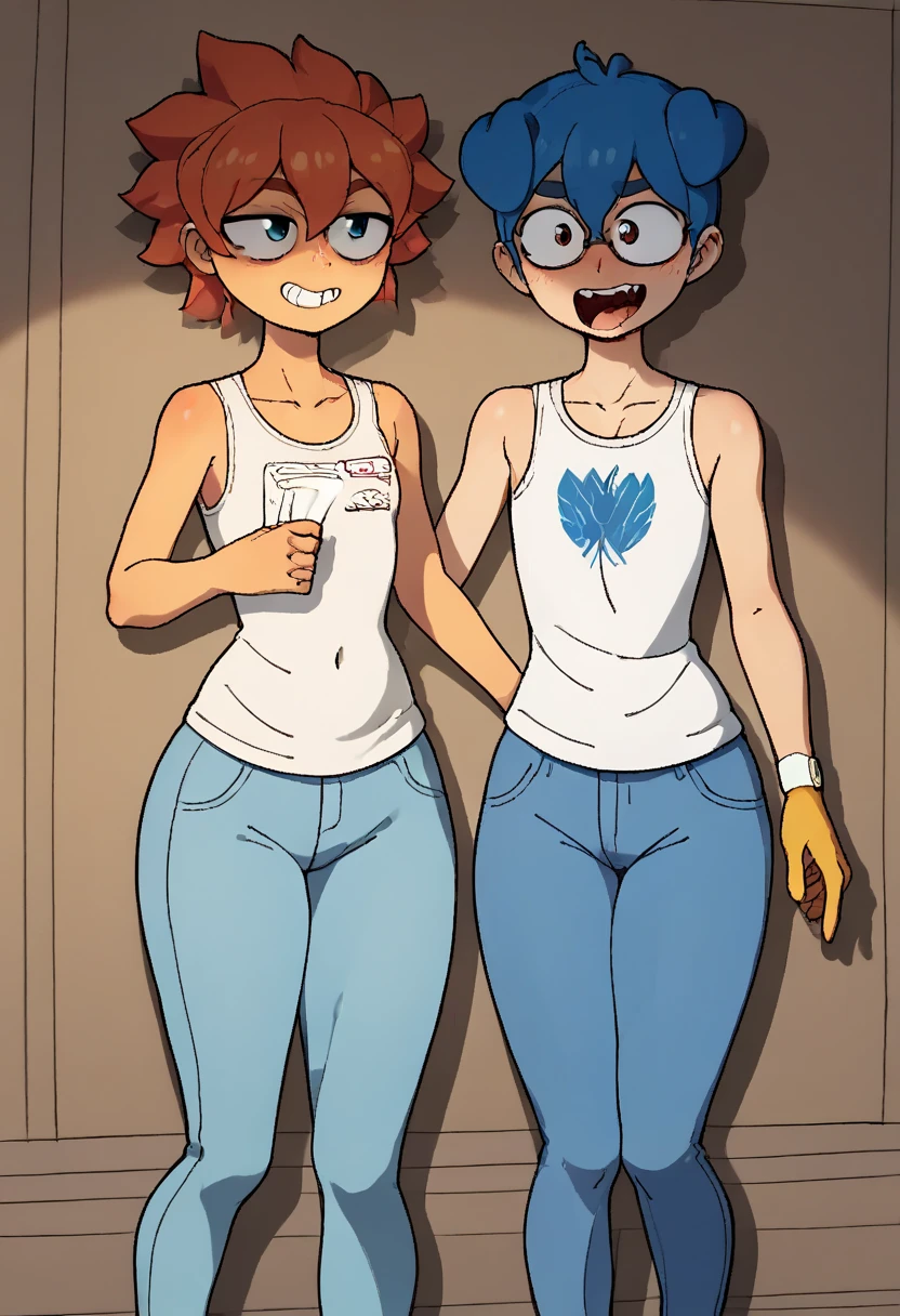 very big breasts, extra fitted shirt, ABS, happy expression, tight pants, Wide hips, narrow waist, big booty