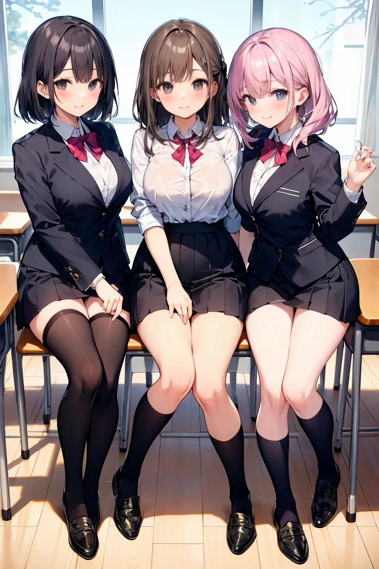 ((2 girls))、(smile:1.5)、(blush)、shirt、blouse、((fun))、Chirarism、(small breasts)、single braid、blake black footwear,(黒いskirt)、bow, button, 襟の付いたshirt, long sleeve, ((red bow tie, school uniform, black jacket, open jacket, Brown cardigan, 白のshirt, 黒のskirt, チェック柄のskirt、white socks)),, shirtを,, skirt, socks, thighs, 白い shirt, Rest indoors, ((classroom:1.5))、 BREAK looking at viewer、(skirtを掴む:1.0)、 (perfect hands, perfect anatomy),cowboy shot、(skirt lift:1.3), (No panties:1.3)、((shaved pussy:1.5))、(skirt that rolls up:1.3)、(Highly detailed labia fully exposed:1.5)、(Photo seen from below)、