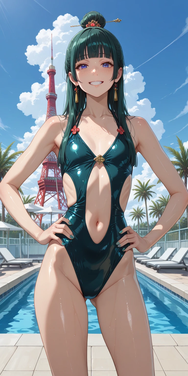 ((masterpiece)),((highest quality)),Accurate Clothing,((Beauty)),((Realistic painting))(((Red blazer:1.3))),(((Red vest:1.3))),(((beige leotard:1.3))),((Flat Breasts)),((Thin thighs)), ((Blue High Socks)), ((A short silky bob that falls straight to shoulder length:1.3)), ((short hair towards the back of the head:1.3)),Dissatisfied look,blush with embarrassment, Dark green hair, (Long sleeve white shirt), (Blue tie), Loafer shoes, high school student,expensive,Soft Skin, Nice big dark green eyes (High Detail Eyes). uniform, Teenage Girl, Park with a fountain, Date,( Colorful splashes) ,Colorful Bubbles, Floating water droplets, perspective, Overhead Configuration, Flare, Outstanding Features, Perfect Anatomy Tommy, Centered, Perfect distance, Very detailed, complex, Accurate, Very detailed rich colors, taming, Rich colors, Accurate, clean, Rich colors, Exquisite details, Golden ratio illustrations