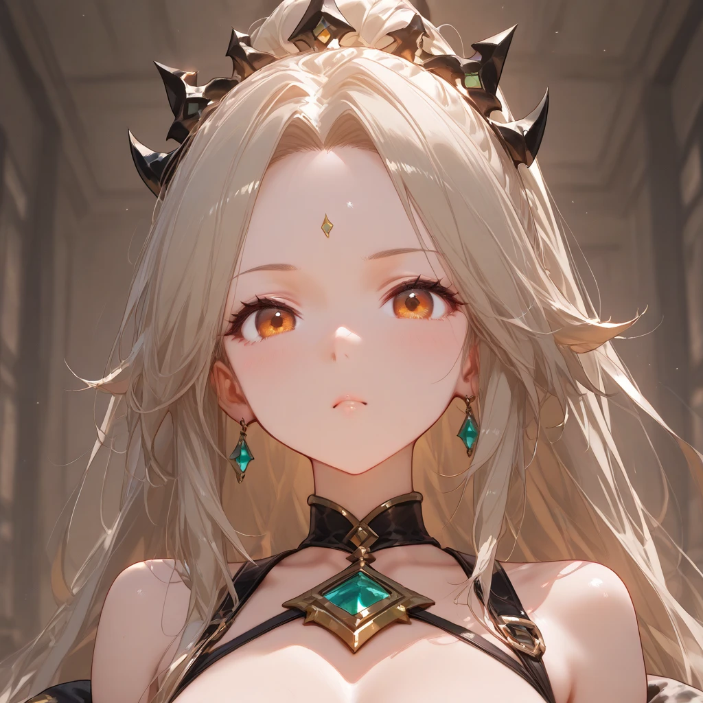 ((Best quality, masterpiece, 4k, best anatomy)), cute girl, (violet hair), ((very long curly hair)), perfect face, (yellow eyes), ((naked)), ((flat chest)), ((21 years old)), skindentation, extreme detail, attractive angular face, red lips, pink nipples, glossy skin, detailed hair, face focus, close-up chest, ornamental gold necklace, gold earrings, ((1 girl)), embarrassed expression, elf ears, innocent smile, ((slender)), anime girl
