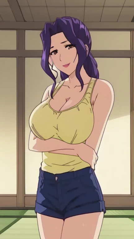 best qualityer,(tmasterpiece:1.2),highly detailed,sitted,Mature woman,
1girll, 独奏, hamaoka azusa,
looking at viewert,ssmile,,
Purple eye,Purple colored hair,short detailed hair,green-shirt,Red bra strap,Full buttocks,plumw,big breasts body