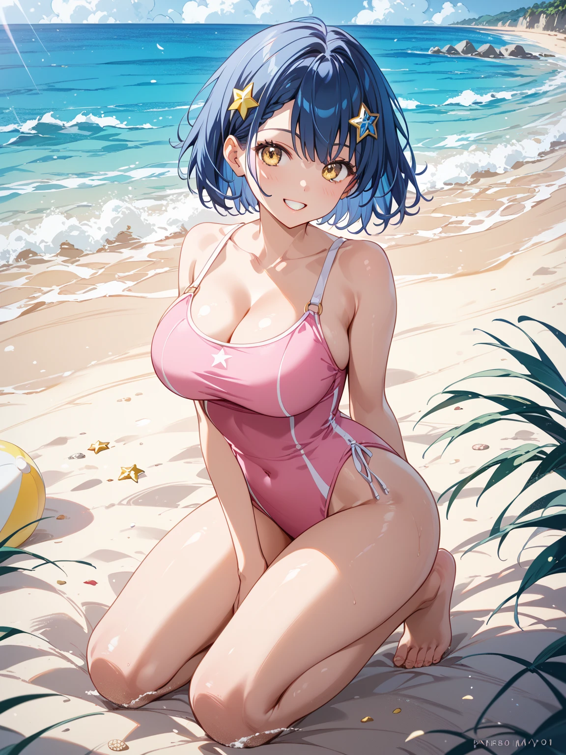 1girl, bangs, blue hair, multicolored hair, necklace, parted lips, purple eyes, short hair, smile, solo, two piece purple swimsuit, sandy pier background, kneeling