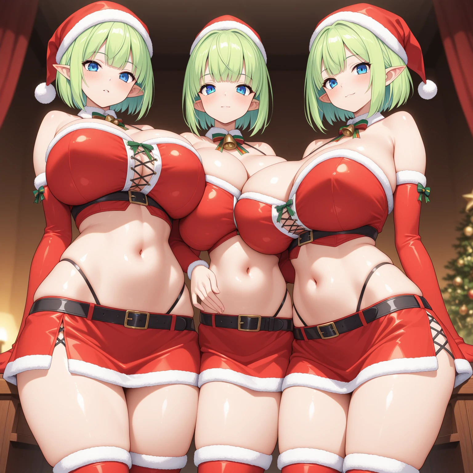 ((huge udder、thin-waist))、((tall))、de pele branca、((dressed as santa))、((group of girls))、pose in front of the Christmas tree