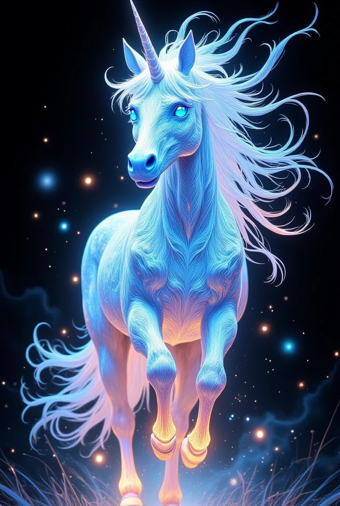 A white unicorn with white hair and blue eyes runs. high angle close-up shot, A beautiful illumination unicorn without substance, drawn with the lines of a multicolored light-emitting diode, Illumination glow line art, sharp line illumination, 