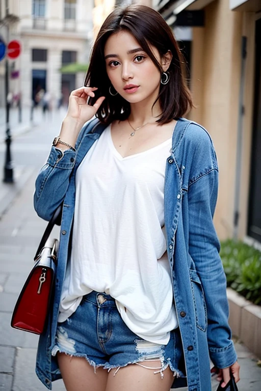 a portrait of beautiful Linen shorts, linen button-up shirt, espadrilles, crossbody bag, cuff bracelet
