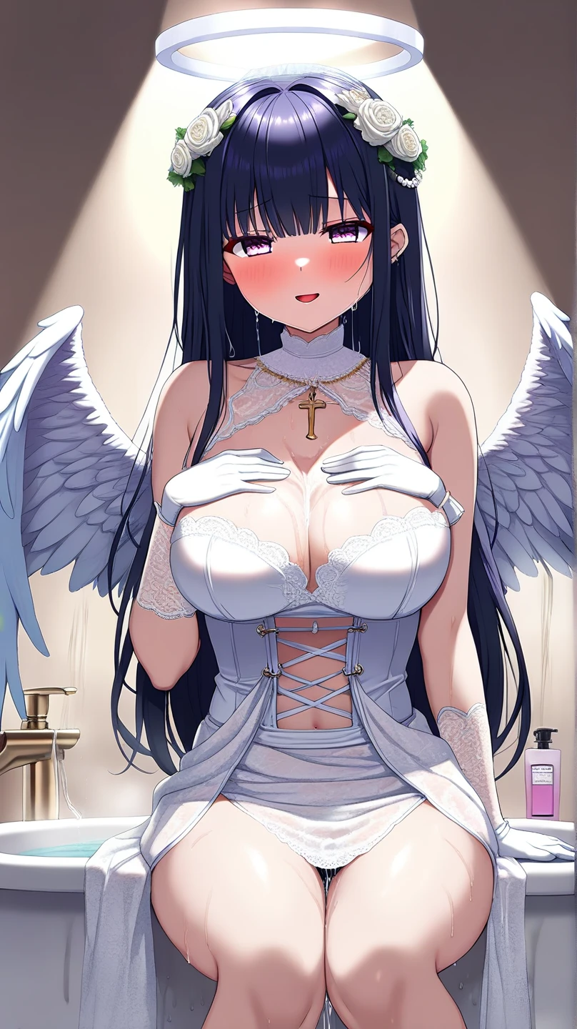 ((nsfw)),((gigantic breast: 1.5),(masterpiece, best quality),((high resolution 4k)), 1lady, solo, (white Scales, body cover with scales), halo, wings,fallen angel, black hair, loose waves, red eyes,wet white sheer t shirt,short sleeve,wet white skirt,white stockings,white thigh highs,standing