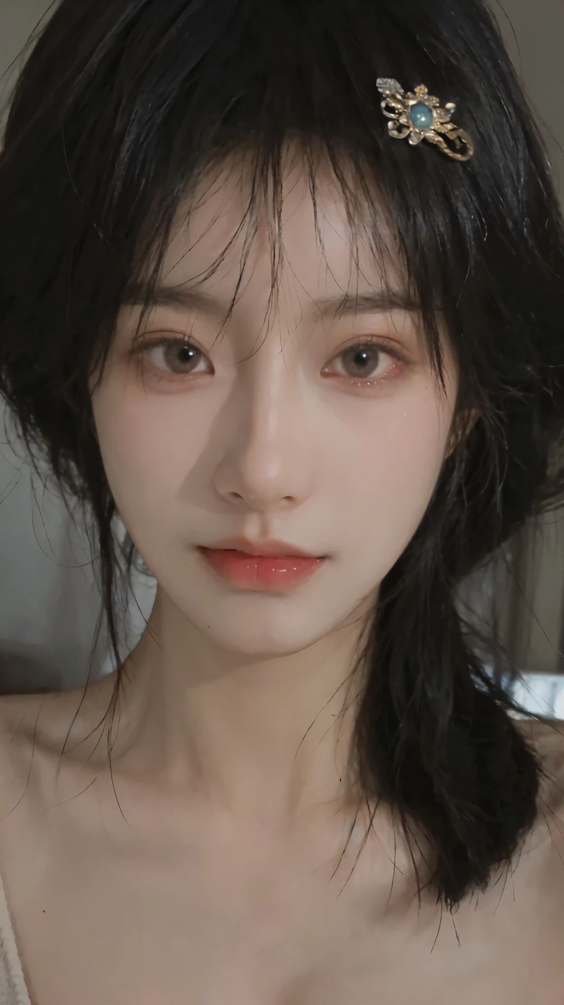 8K, Best Quality, Masterpiece, Ultra High Resolution, (Realism: 1.4), Original Photo, (Realistic Skin Texture: 1.3), (Film Grain: 1.3), (Selfie Angle), 1 Girl, Beautiful Eyes and Face Details, Masterpiece, Best Quality, Close-up, Upper Body, Looking at the Viewer, ((sexy)), ((nude))