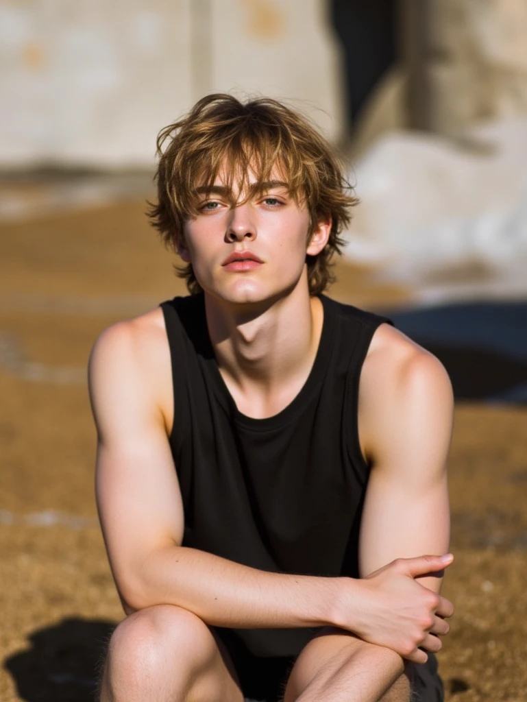 Corbyn Besson, sweaty boy, standing on a big rock, far from camera, shot from below, lower angle shot, whole body visible in camera, braces, age vy tiktok hair, bare feet, wearing long sleeveless t-shirt with dropped armhole, hands behind head, short fine armpit hair, flexing, veiny arms, cute, tall, arms behind head, short wispy armpit hair showing, lean, not muscular, wispy pubes, teen boy masterpiece, high resolution, feet visible, no shoes, very dirty feet, skinny, tall, nice boy feet, teen boy feet, skinky feet, boy feet, foot fetish, tall boy, teen boy, es, best quality, sticky armpit hair, sweaty hair. sweaty face, Corbyn Besson