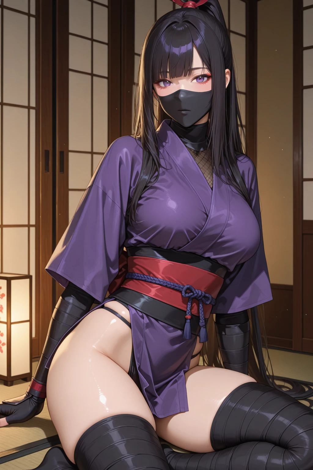 Three beautiful Female ninja wearing short kimono in fishnet with sexy bare feet and toes exposed with boob cleavage showing 