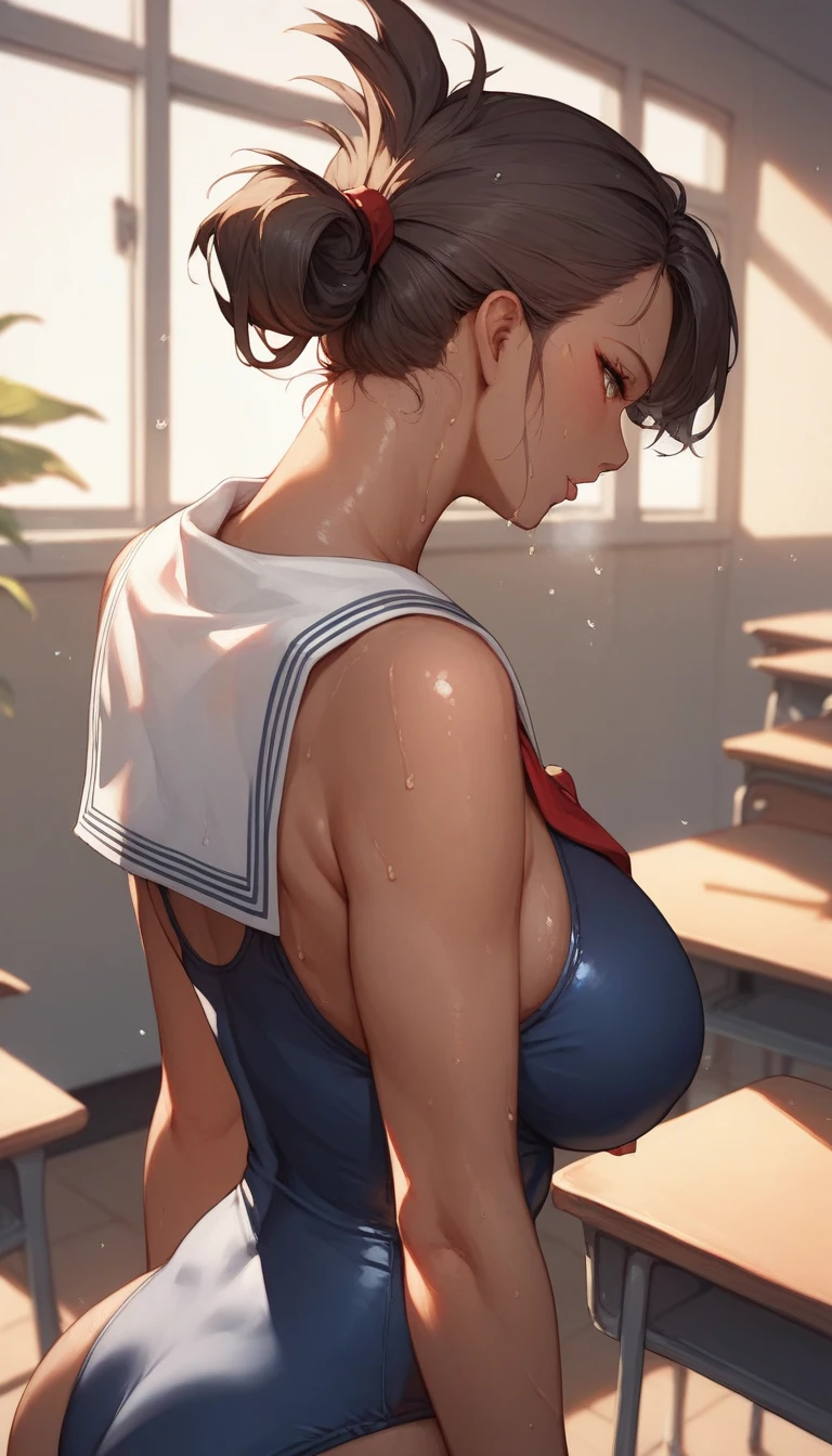 Primary school students (((Dark brown skin))) To LOVEる Sailor suit School Swimsuit Beautiful tall woman Black Hair sweat (((folded ponytail))) classroom Love juice
