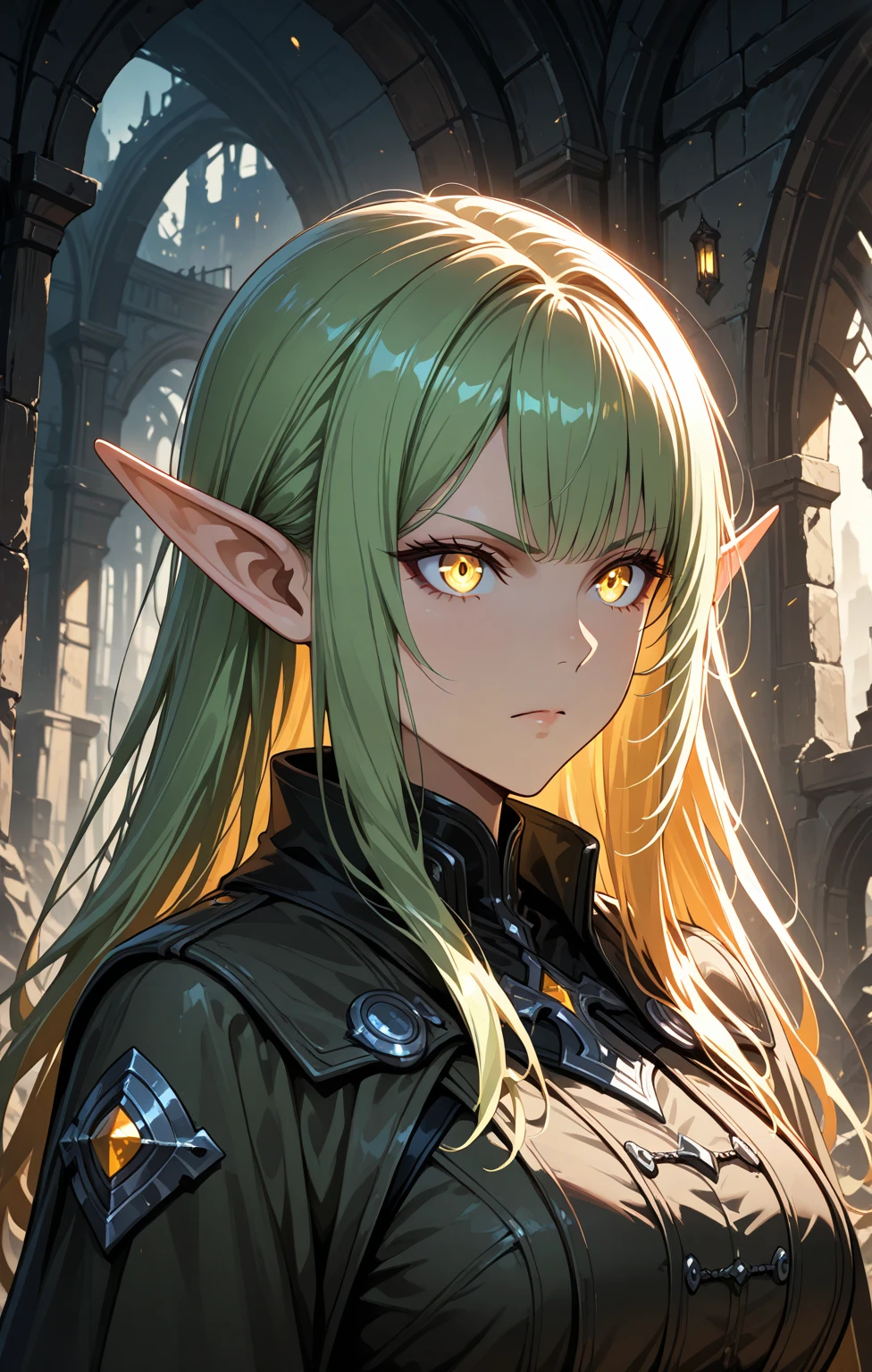 (4k,8k,best quality, masterpiece:1.2), perfect face, perfect nose, detailed hair, detailed eyes, detailed lips, ((portrait)), realistic colors, studio lightning, ((green hair, yellow eyes, dragon eyes, glowing eyes, elf ears, big elf ears, dragon scales in her skin, dragon horn)), big breast, small mouth, looking at viewer, confident pose, angry look, furrowed brow, angry, disdain, highres, archer, with bow in a hand, desert, emerald jewel detail, monsters in scenario