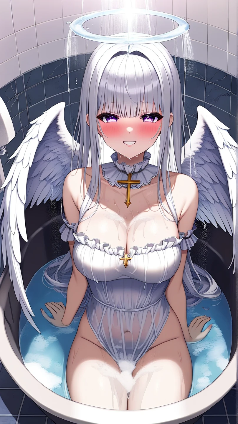 a woman with white hair sitting on a bed, seductive anime girl, beautiful alluring anime woman, beautiful anime woman, White haired goddess, female anime character, anime woman, big breast, mouth opened up wide, naked, nipples, pussy, vagina, girl sucking on a penis, girl giving a blowjob, girl licking a penis, closeup, hands on penis while giving blowjob, purple eyes, lewd face expression, angel wings