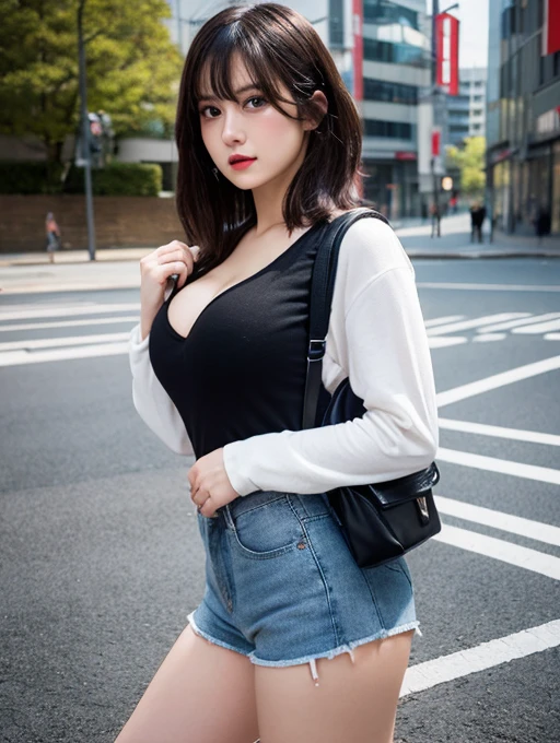 (Highest quality、超High resolution、 Tabletop, Middle-length hair with bangs, Moisturized eyes down to the finest detail, Textured skin, Highest quality, figure, Super detailed, In detail, High resolution, In 8K, wallpaper, Perfect dynamic composition, Beautiful attention to detail, Natural Lip, Big Breasts, Cleavage, Random sexy poses, Tight T-shirt and jeans mini skirt、A rain-soaked street corner