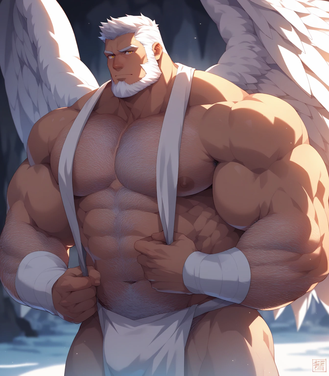 simple backgrond, Solo, 1boy, perfect anatomy, angel, perfect proportion, perfect center, (huge halo, wing, angel wings), sharp eyes, big eyes, peaceful, angel eyes, halo, (smile, happiness), calm, perfect fingers, big hand, fingers. Huge Muscular Old man with short hair, shoes, (white shorts), view from side, pectoral, thick arms, huge pectoral, wide pectoral, white hair, white beards, simple background, masterpiece, semirealistic:1.2, high detailed, 8k, high resolution, perfect center, full view. ((really big muscle, massive muscular, sixpack, thick arms, wide pectoral, super huge muscle, hyper muscular, over sized muscle, huge arms, big arms, huge pectoral))