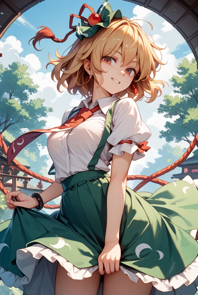 Masterpiece: 1.2, best quality, isacrossing, topknot, green cardigan, white shirt, blue skirt, red ribbon, plaid pattern, anthro, furry, hairy woman, forest, flowering, centered, looking at the viewer smiling, hands on cheeks, skirt lifted by the wind, ((Not wearing underwear))