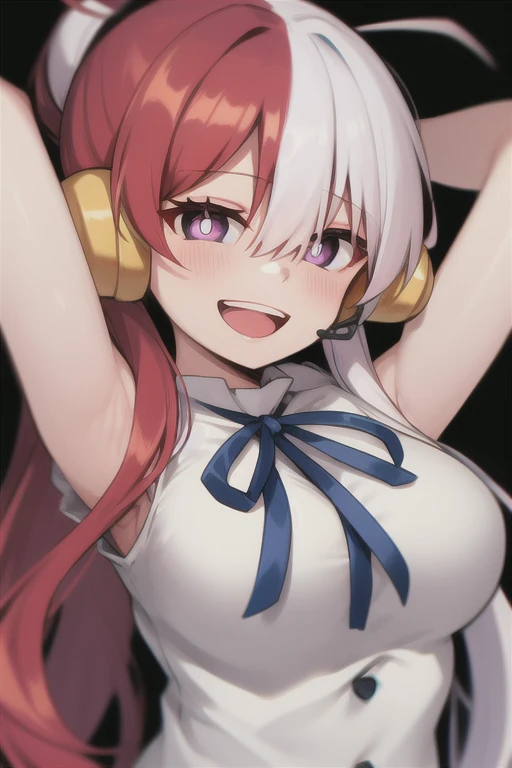 BREAK (masterpiece:1.2), best quality, high resolution, unity 8k wallpaper, (illustration:0.8), (beautiful detailed eyes:1.6), extremely detailed face, perfect lighting, extremely detailed CG, (perfect hands, perfect anatomy),onepieceuta, uta, long hair, (purple eyes:1.1), white hair, red hair, multicolored hair, (hair over one eye:1.5), two-tone hair, split-color hair, hair rings, sidelocks, smile, grin, medium big breast, BREAK, white camisole, ribbon, jewelry, white camisole, headphones, BREAK, bedroom, BREAK, looking at viewer, (cowboy shot:1.5),