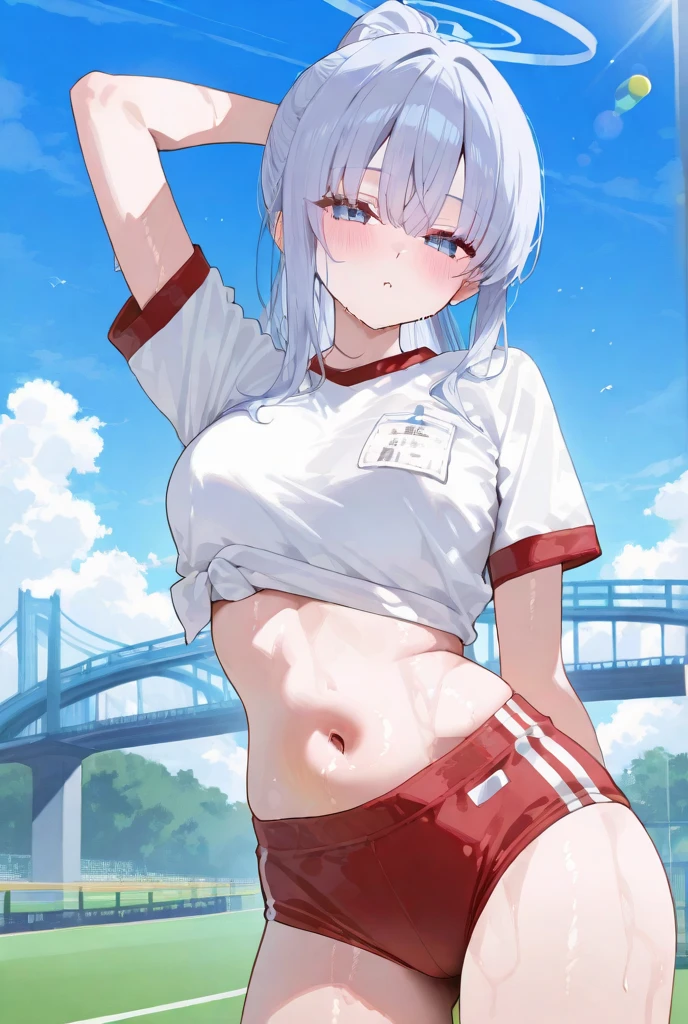 Girl undressing among women'locker room、A pale red bra and cute red shorts stand out against the pure white one-piece.、barefoot、Sandy Beach, Cumulonimbus and blue sky