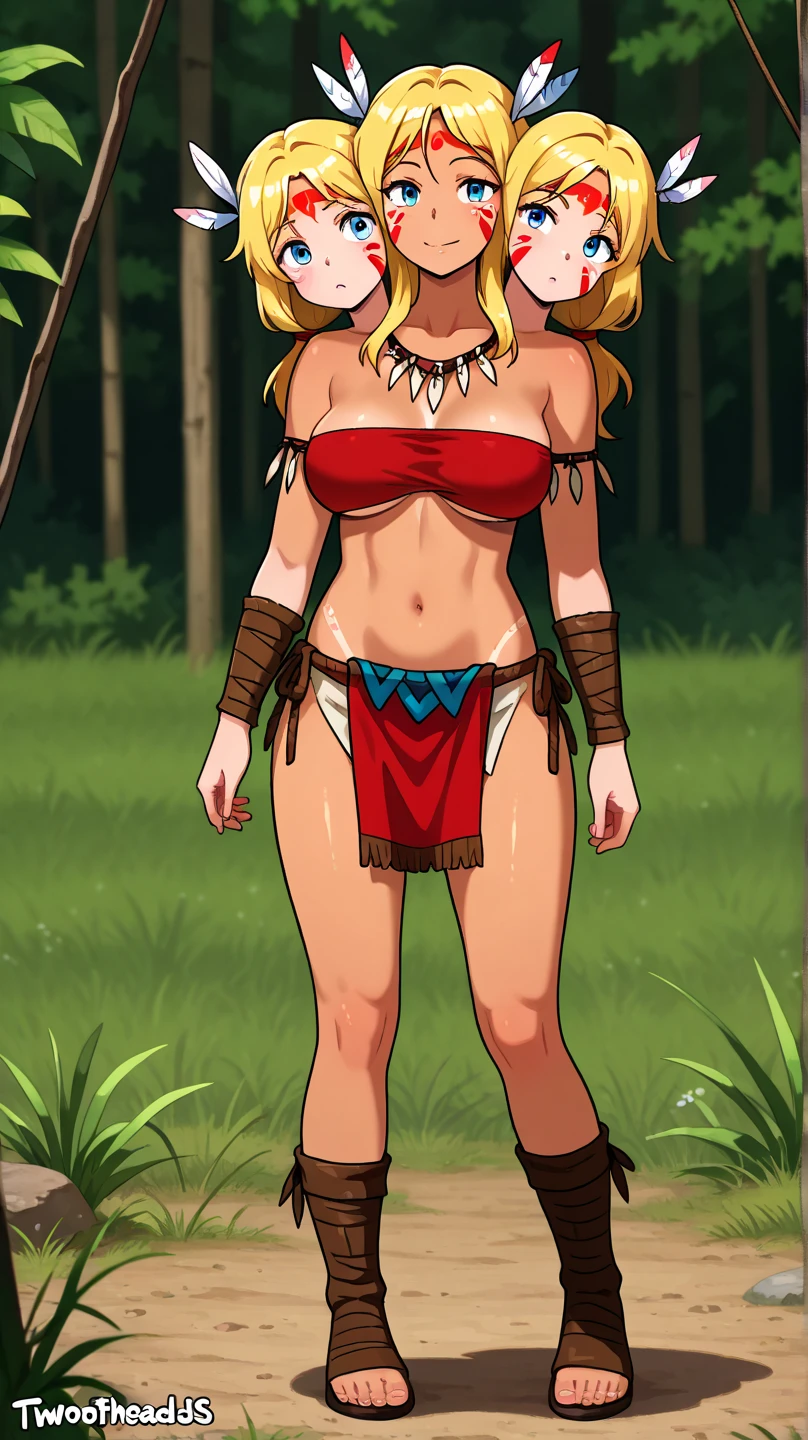 Anime, young woman, 21 years old, an amazon, thick thighs, sexy clothes, loincloth, blonde hair, long ponytail hairstyle, gentle smile, jungle,