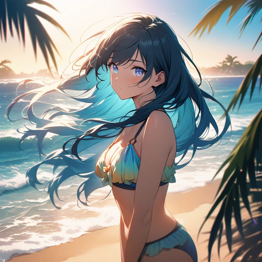 1 Girl, Seagull, Epilogue, Ocean, Bikini, Normal, Long Hair, Short Blue Hair