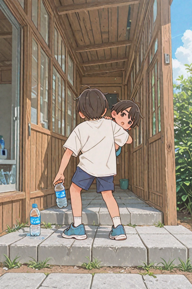 Two Chinese boys around 9 years old,Slightly thin in normal body shape,He wears a light blue short-sleeved shirt,Light blue shorts,Brown sandals,Urination is very urgent,Knock on the toilet door,But they are incontinent,Urine soaked the shorts,Flowing down the legs,Fell to the ground,They all cried。