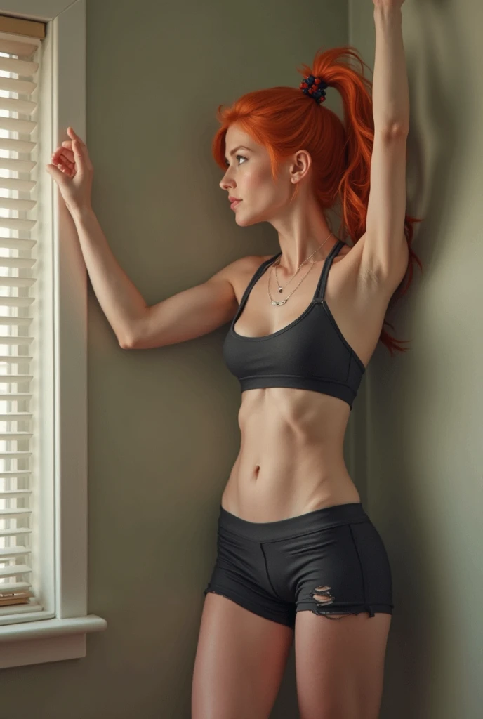 Redhead college aged wearing sports bra with hands behind head and sexy green eyes. Showing midriff with lowrise red panties. Needs to show belly button and camel toe.