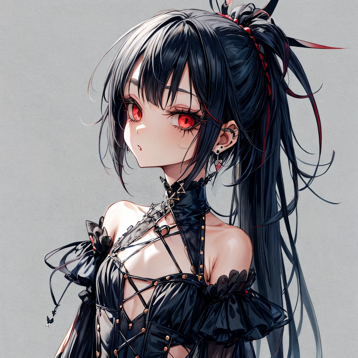 png tuber girl, waist up figure, neutral expression, simple background, full figure, looking at the viewer from afar, front facing, simple one color background, black hair, gothic vibe, gothic style, gothic clothes.