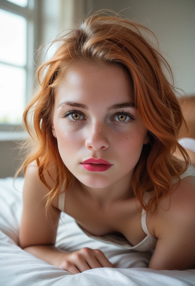 1girl in,she is very sexy she shows her black panties in which she came, age11, alone, Aesthetic work of art, Irish, wavy strawberry blonde hair, shoulder length hair, gray eyes, light grey eyes, a few small freckles, pale skin, A cup, small breasts, Runner Body, (textured skin, Hautporen:1.1), Goose flesh, go to bed, Selfie, seductive, sexy photo, not wearing pants, without underwear, long legs, (extremely detailed 8K wallpaper), Soft lighting, good quality, film grain, Fujifilm XT3 keen focus, f 5.6, 50mm, High level of detail, keen focus,(Natural light), crazy details, complex details, Hyperdetailed