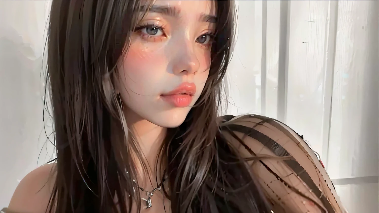 8k, Top Quality, Ultra High Resolution, masterpiece, (nsfw), pale skin, 1girl, black hair, long hair, permed hair, medium breasts, close up, (low angle shot), sweat, wet, blush, ecstasy, slut, vulgarity, selfie,