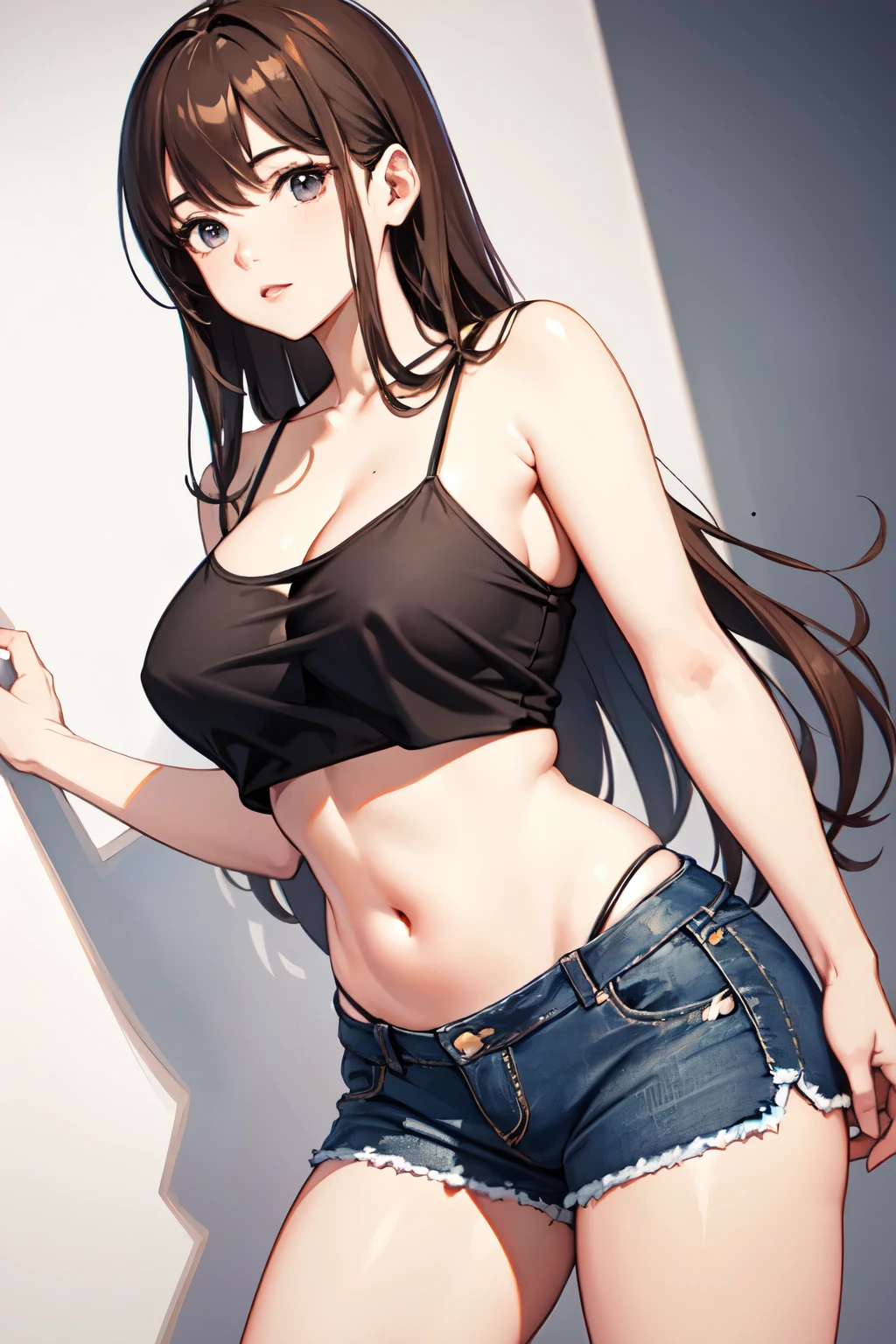 Kaori, Single model, solo, half Asian, half Latino, very long straight black hair, freckles, blushing, wet eyes, long chain pendant, very large heavy breasts, chubby, belly, stretchmarks, fitted pink ribbed crop top, torn jeans, legs crossed, arms folded