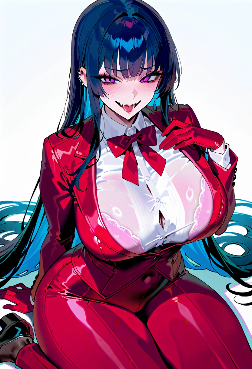 Kuchisake-onna Super Extra large breasts breast enlargement, red coat, long hair, red eyes, black garter stockings, black bikini, full-body shot, looking at the camera, standing alone in the rain, holding a large scissor in her right hand, lips split, stitches, smiling, blushing, shy