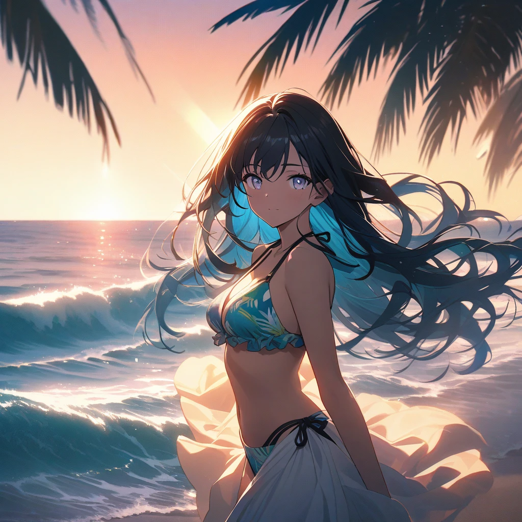 a beautiful girl in a bikini on the beach, sparkling star rail character, hyper-detailed, extremely realistic, photorealistic, cinematic lighting, 8k, high quality, high resolution, masterpiece, intricate details, superb art, vibrant colors, glowing skin, wet hair, ocean waves in background, golden hour lighting, dynamic composition
