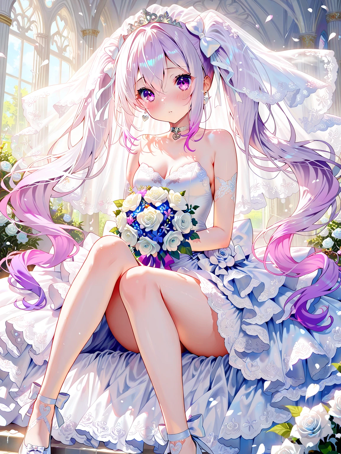 araffe bride in white dress and white boots sitting on a bed, fairycore, belle delphine, by Ayami Kojima, wedding dress, nico wearing a white dress, angelic pretty, chiho, very magical and dreamy, ethereal!!!!!!!, guweiz, 🤬 🤮 💕 🎀, sakimichan, ❤🔥🍄🌪