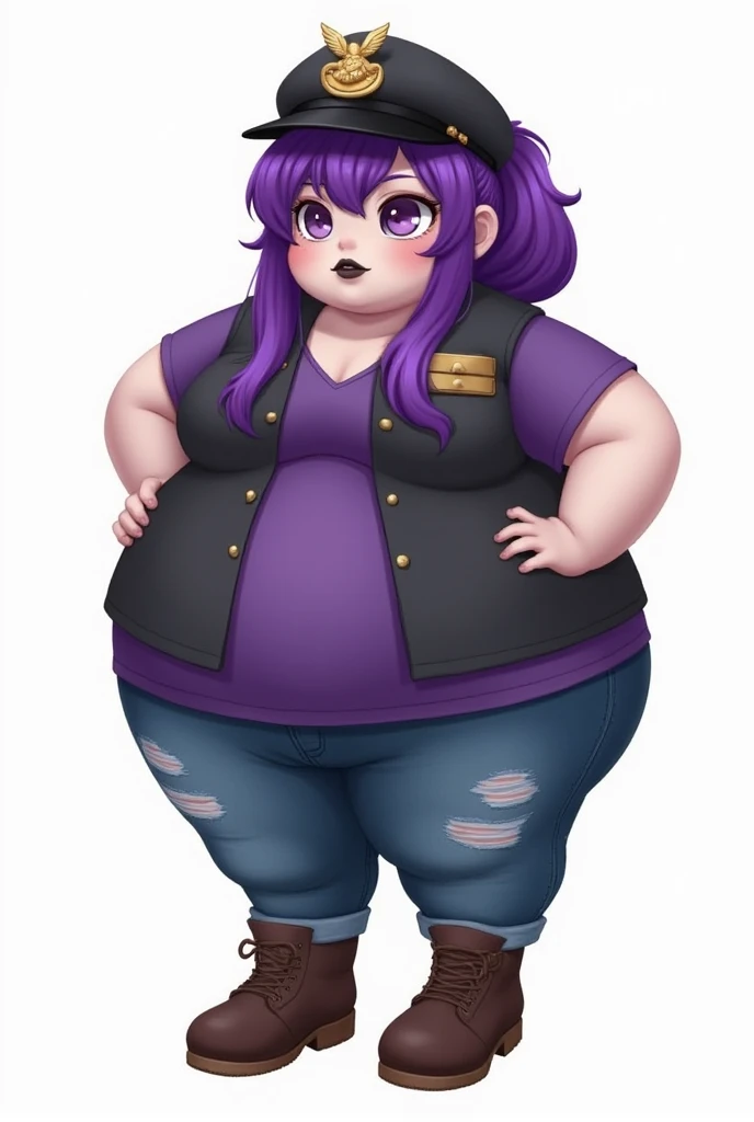 a girl overweight sexy big breast beautiful tenderness long soft wavy purple hair her light blue eye bright pink lip she wears a suit short blue button top sexy curve and her pants Big jeans sexy thigh long black heels