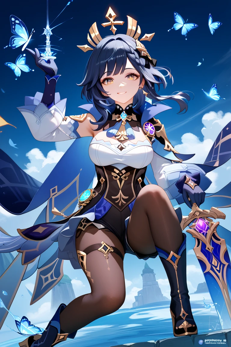 "Generate a graceful hot milf with purple eyes and radiant blue hair, with cute smile. She is dressed in blue Saintess cloak and is surrounded by a statue in the sanctuary. She is a Saintess of a Goddess"