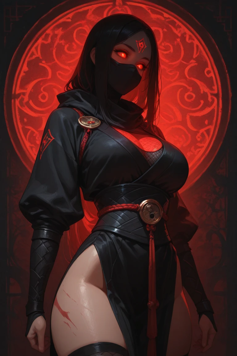 (Full body image+straight body:1.5) Skirt: woman, gigantic breasts,Shinobi. Wearing Shinobi costume:{black with white pates}, mask covering face in color:{black with red details}. (She is inside a macabre temple with blood on the ground, time:{night}, strong:{fog}). (She has hair:{dark blue, too short}, eyes:{light green}), is staring at the viewer, with eyes of fury; she has ninja weapons stuck in her outfit, high detail, anime, 16k, UHD, textured skin, super detail, high quality, award-winning