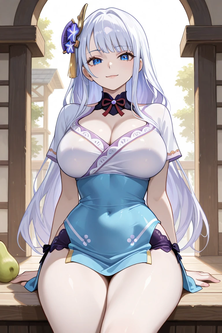 ((obra maestra)), ((mejor calidad)), ((Altas Resoluciones)), ((extremadamente detallado CG unidad 8k wallpaper)),pose seductora,manos sosteniendo sus senos, (posando al espectador)sonrisa seductora,El cabello es de un color gris de longitud media  ,Yumi Hara (Senran Kagura),(big breasts: 2.2),(large senos:2.2)(muslos:1.0(ass:0.4)has pale white skin and icy blue eyes. Her hair is a medium-length gray color that is slightly repressed at the back with a white bow that has blue stripes at the ends....., She wears a solid white kimono that hangs from her shoulders and exposes her chest....... The suit has a blue double-lined border with a light blue obi on the back...,