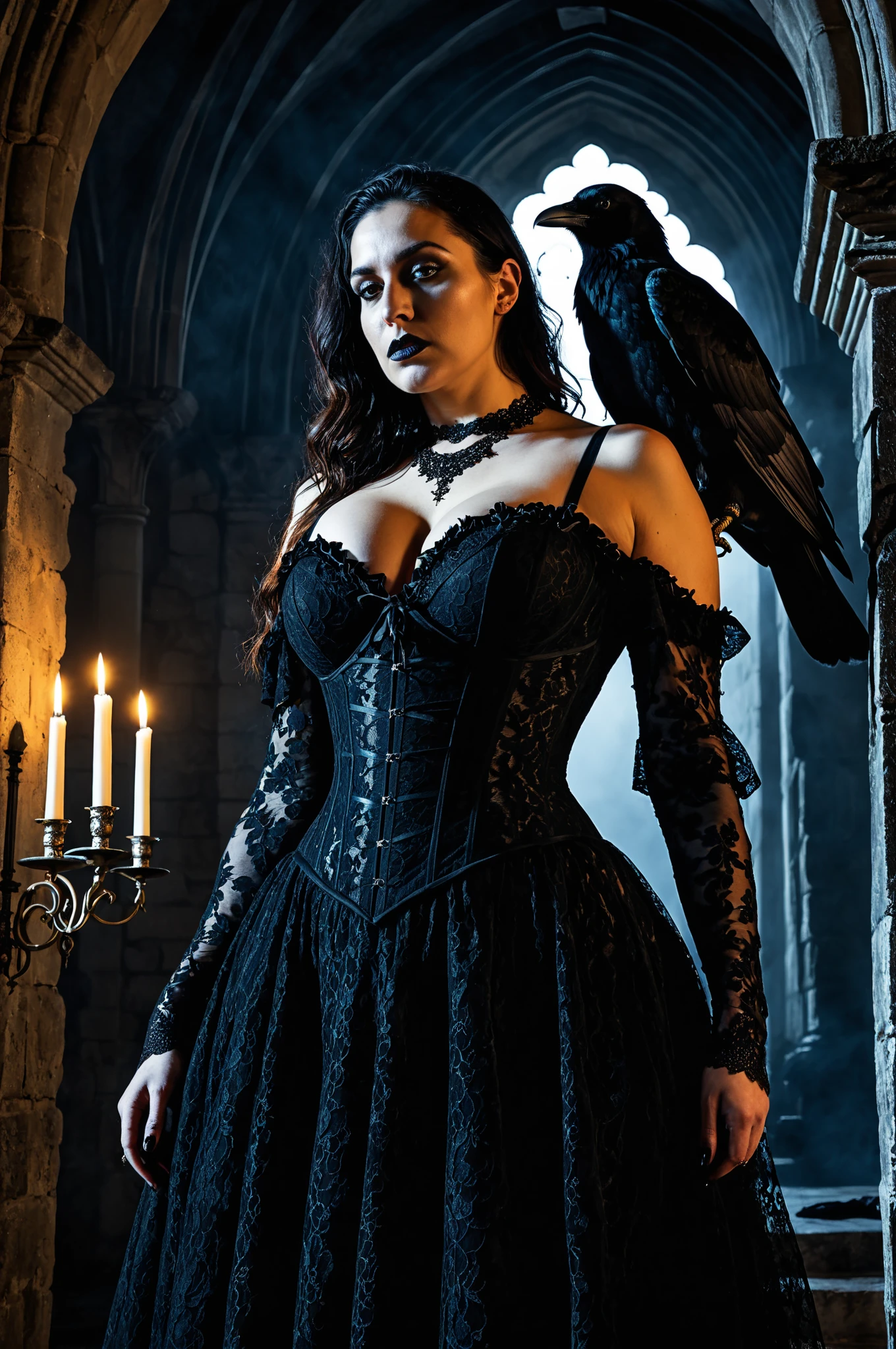 masterpiece, best quality, ultra-detailed, high resolution, extremely detailed, (Full Body Shot:1.3), (sharp focus:1.2), photo, attractive young female model, beautiful, 22 years old, (blue eyes:1.4), dark hair, caucassian, long hair, (beautiful face:1.1), detailed eyes, luscious lips, (spooky:1.2) (smokey eye makeup:1.4), (smile:1.2), wearing (necklace:1.2),(black velvet off the shoulder, sleeveless dress:1.2), ( black deamond horns:1.2) on a (deep dark night:1.8), (gothic cathedral:1.4), depth of field, bokeh, 4K, HDR. by (James C. Christensen:1.2|Jeremy Lipking:1.1), (soft light:1.9), (natural light:1.5)