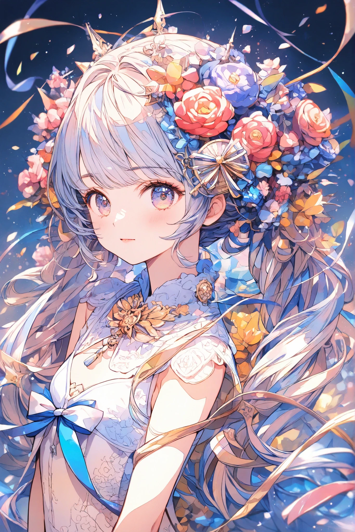 masterpiece,top quality,Super Detailed,8k,watercolor　colorful　upper body lift　One Piece　girls　灰色の髪　light　ribbon pop, (flat chest:0.8)