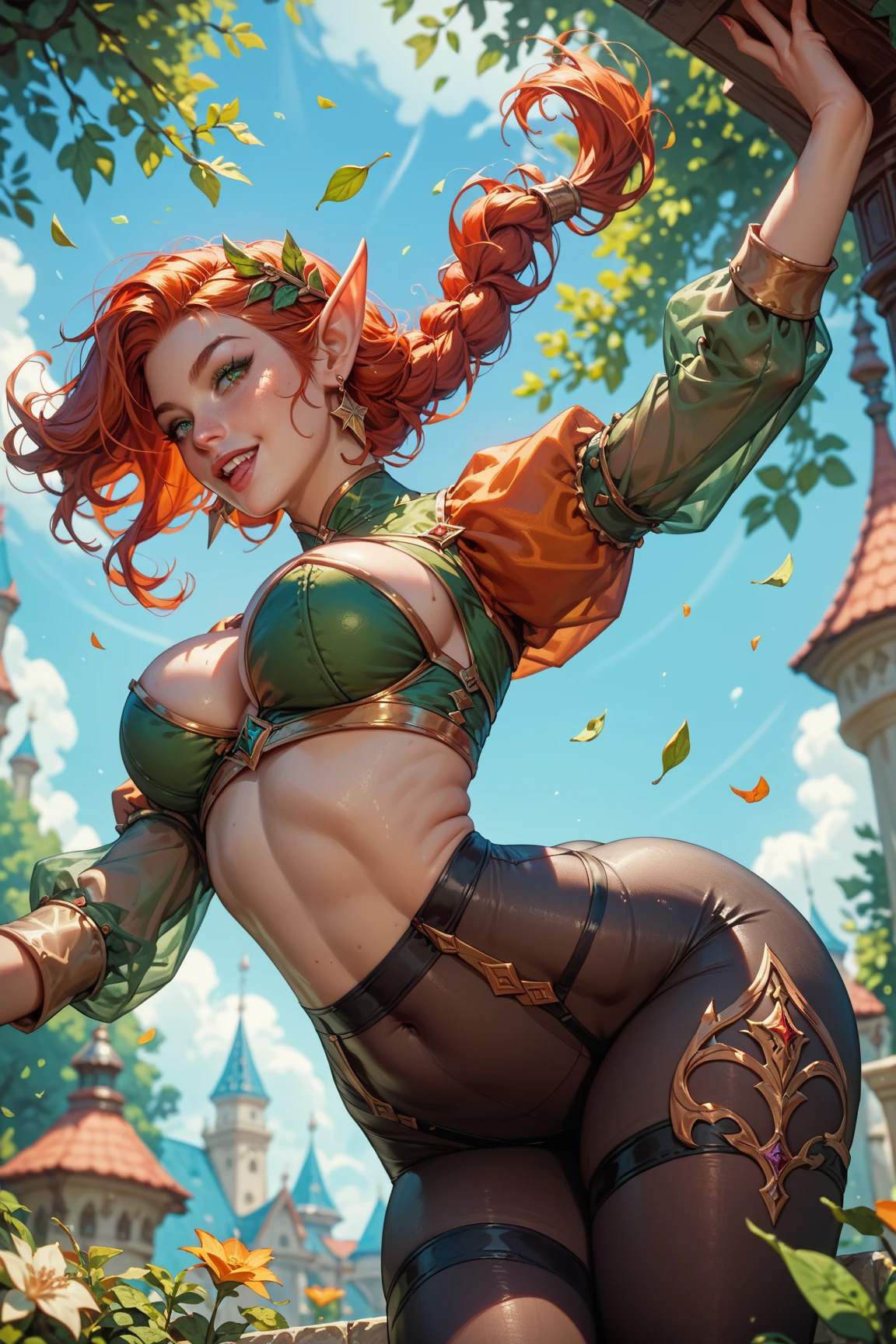 (red crimson hair) elf ears, freckles, Greek goddess, sculptural body, super detailed hand, super detailed face, hyper detailed body, No defects, (emerald green eyes), focused eyes, pretty detailed eyes, pale skin, blushed face, wearing a pink skirt, long hair, tied up hair, expression of pleasure, partes do fully body, entire limbs, (fully body), gorgeous fur, high resolution, 4K, lined eyes, toned thighs, small feet, Waist slender, big-ass, small foot, role model, best qualityer, legs open, showing pussy, steep, Point of view, lifting your ass, showing the ass, exposed pussy, staring overhead, witheout panties, pink pussy, flushed skin. (lying position ), bunda steep, Resting on the floor, raining day, wearing a black pantyhose, view from behind, Vision behind