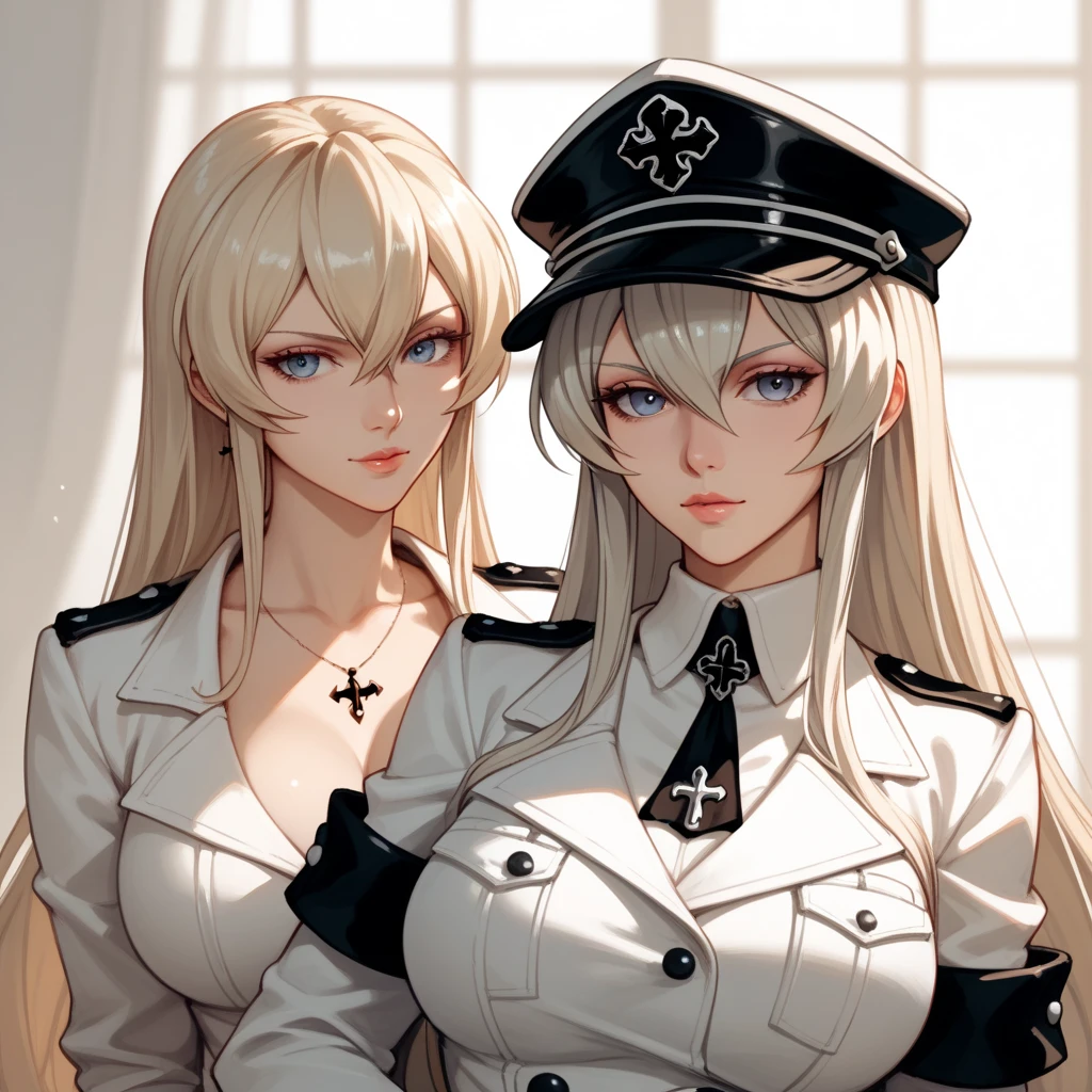 Create an image of the most stunningly beautifully WWII German SS elite women, Stunningly gorgeous beautiful perfect face, long luscious eyelashes,  black eyeliner, perfect makeup, lipstick, vibrant sapphire eyes, perfect smooth skin, long platinum blonde hair,  little breast, perfect slim body figure, bdsm lingerie, seductive pose, WWII German SS Elite Officer HAT Officer Army leather Visor Crusher Cap Black,
