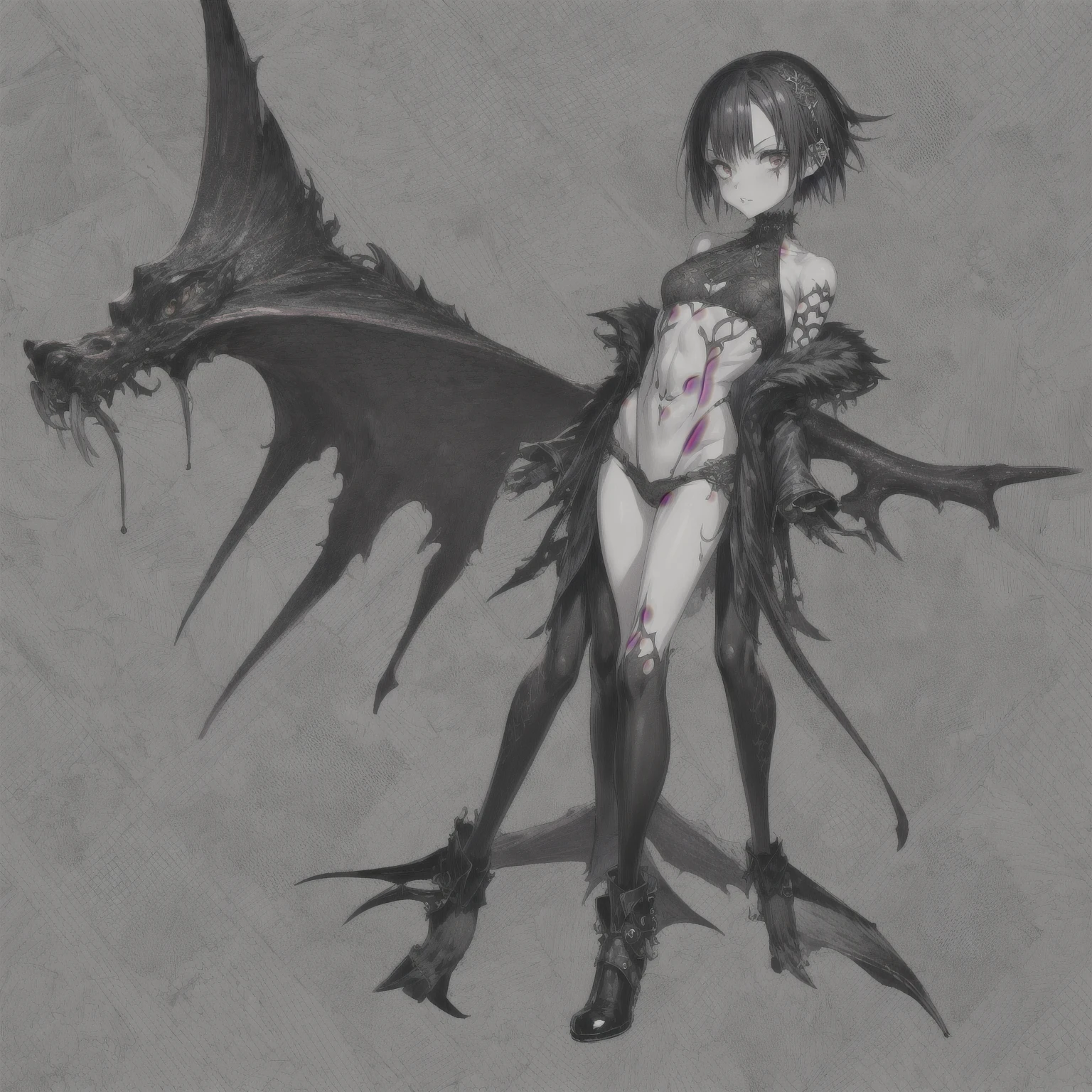 <lora:Bone_Nigi-PonyXL-1024px:0.9>
score_5_up,
1girl, solo, standing, animal print, bare shoulders, bat print, bat wings, boots, breasts, bridal gauntlets, collarbone, demon girl, demon wings, elbow gloves, flat chest, muscular thighs, gloves, hair between eyes, head wings, highleg leotard, low wings, smile, looking at viewer, pantyhose, print legwear, short hair, simple background, small breasts, white background, wings