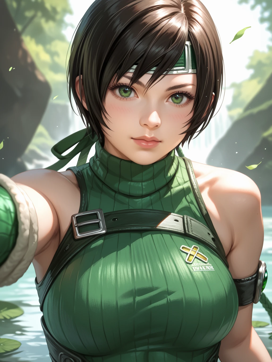 score_9, score_8_up , score_7_up , masterpiece, source_anime, break, 1girl , yuffie_kisaragi, final_fantasy, 1girl , brown_hair, green_eyes,(realistic:1.1),Big Breasts,
