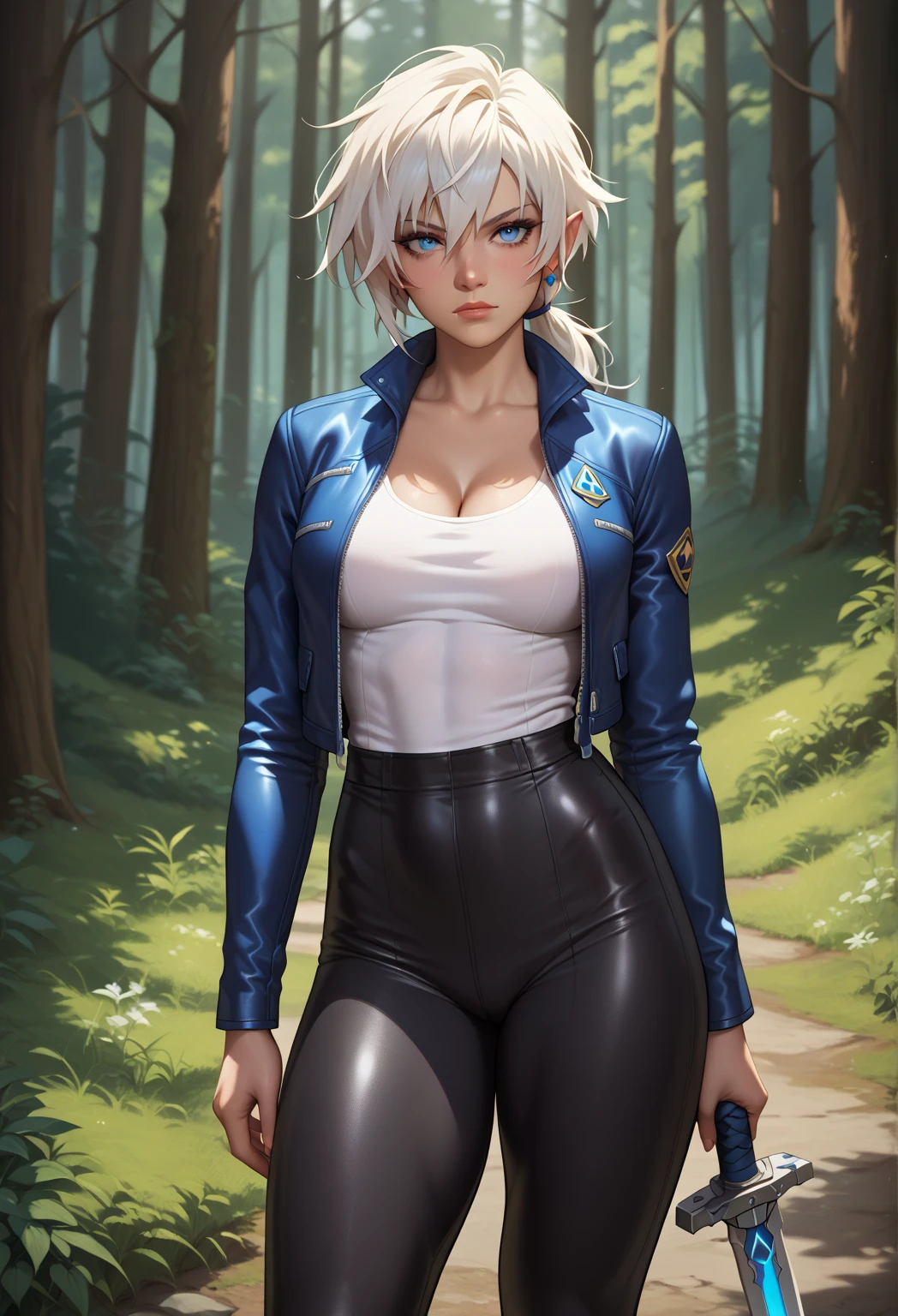 Woman, short hair, white hair, white hair ((with blue tips)), ((green eyes)), small breasts, black pencil skirt, black crop top, long sleeves, white socks, thigh high socks, knee boots, black skirt, black top