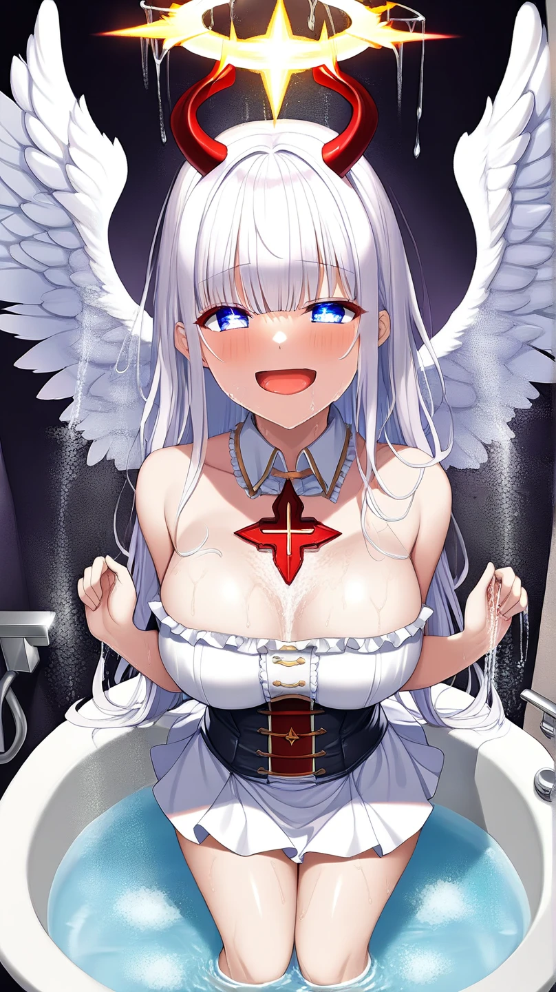 20 year old angel girl,long hairstyle,white hair,yellow eyes,white cat ears,4 big white angel wings,Yellow Halo Ring,white round glasses,Naked outfit,having sex,stick out your tongue