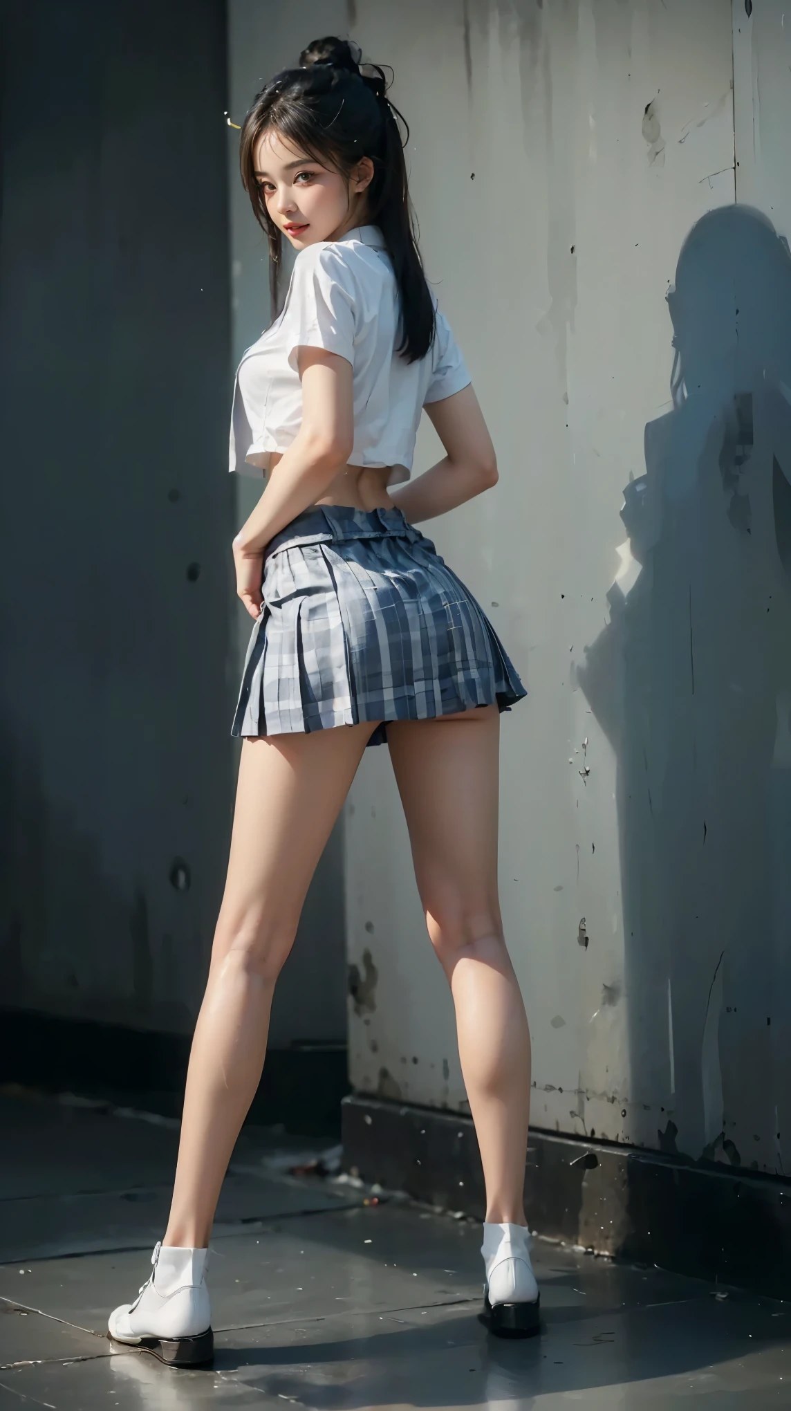 (((Raw photo、64K、Super highest resolution、Super best image quality、super highest quality、64K resolution、CG unity 64K wallpaper、photorealistic1.5、Sharpest image quality、clear image、マスターmasterpiece、People photography:1.photorealistic, masterpiece: 1.hotorealistic、sharp focus、high definition、)))、1 female、(solo:1.5)、(Super beautiful)、(beautiful face:1.5)、(facial details:1.5)、(eye details:1.1)、(lip details:1.1)、(Nose details:1.1)、(Kicking up:1.5)、(white t-shirt:1.5)、(braun skirt: 1.5)、(black boots:1.5)、(lace white panties:1.6)、(espadrilles:1.6)、make、brown hair、Shibuya Grand Staircase、going down the stairs、Sky from below camera angle、(SFW time:1.5),highly detailed feet 1.2、very clear arms 1.2、Angle of being trampled from below the camera 1.5、The skirt sways and the pants are exposed、